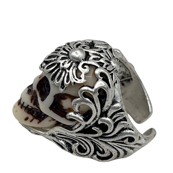 Mens Gothic Skull Ring W/ Floral Engraving Adjustable Open Band Zinc Alloy A75 - Picture 5 of 11